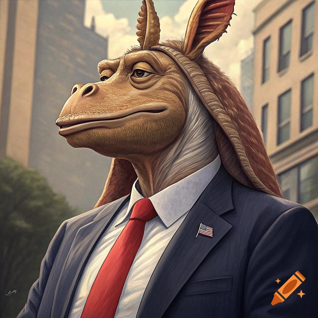 A creature resembling Jar Jar Binks wears a suit and red tie with a US flag pin in a city.