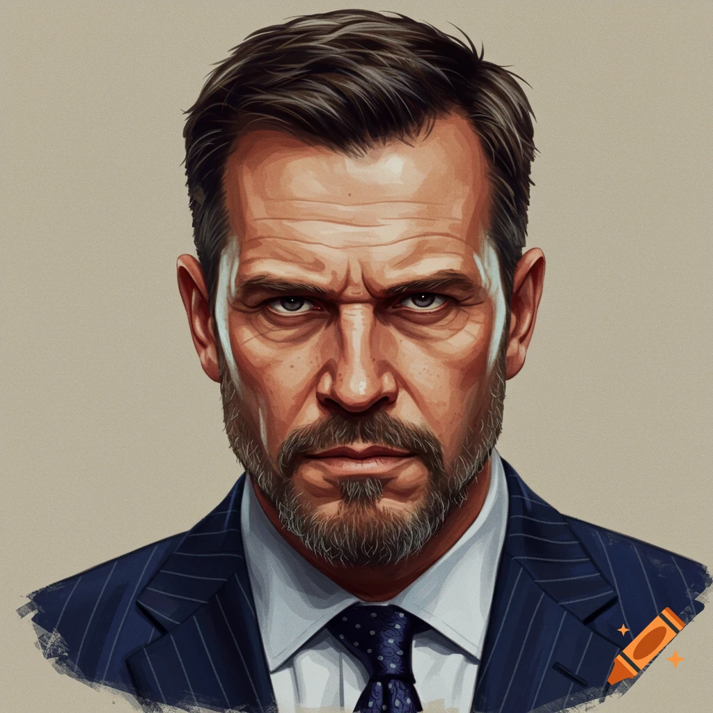 A portrait of a stern-looking man in a pinstripe suit.