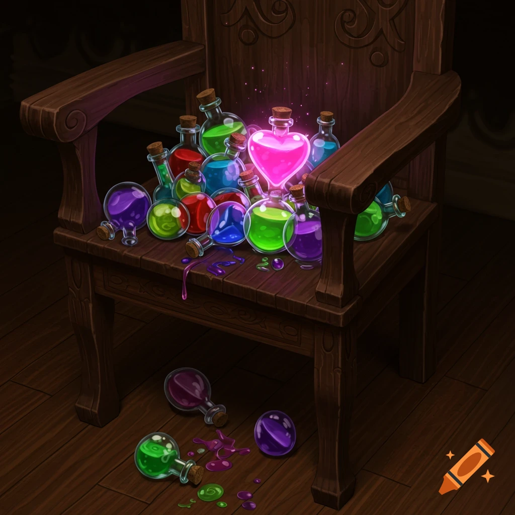 A wooden chair overflowing with colorful potion bottles, including a glowing pink heart potion, with some spilled on the floor.