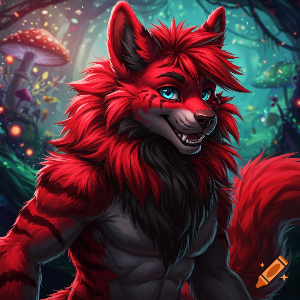 A red and black furry creature with blue eyes stands in a fantasy forest.