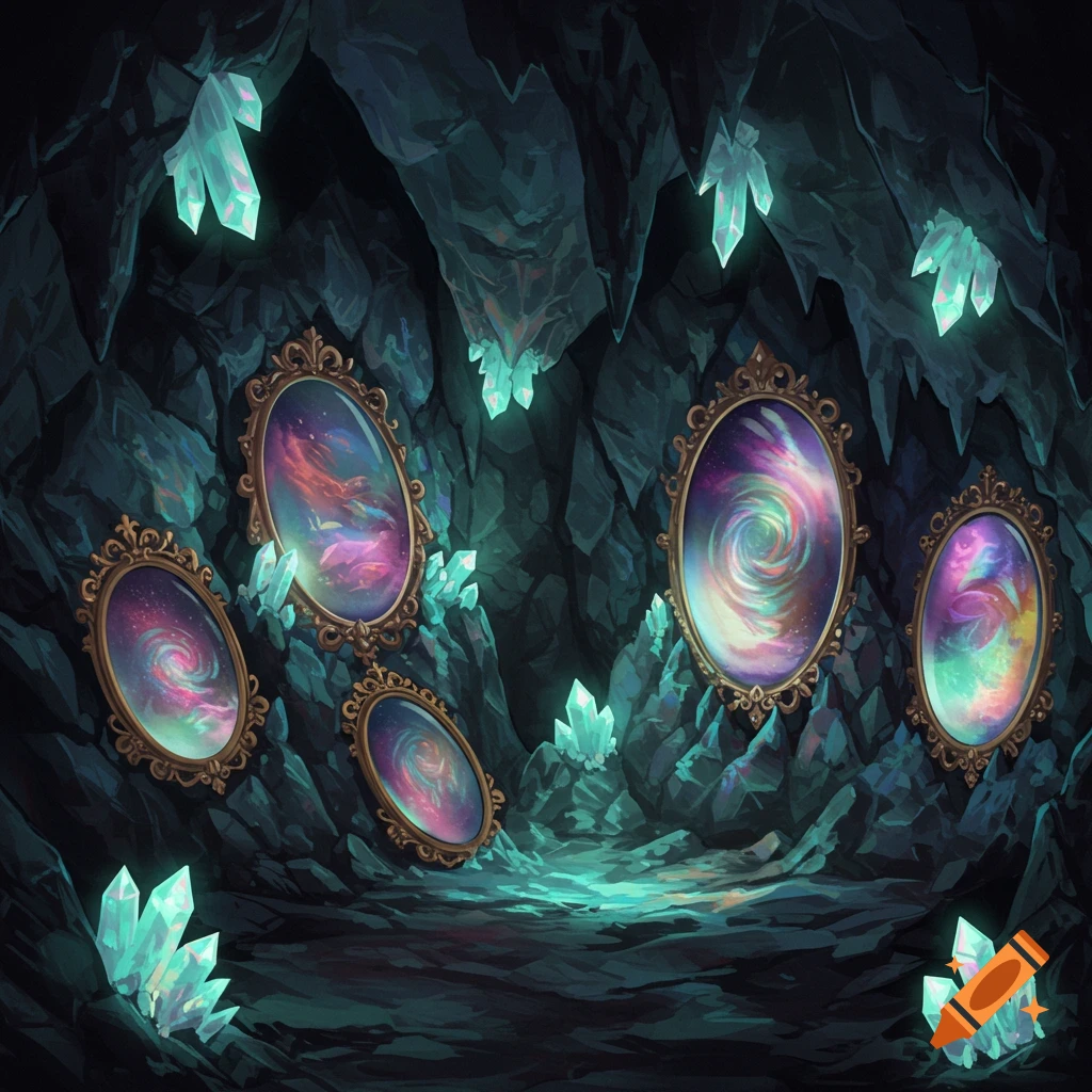 A rocky cavern with glowing crystals and mirrors reflecting cosmic scenes.