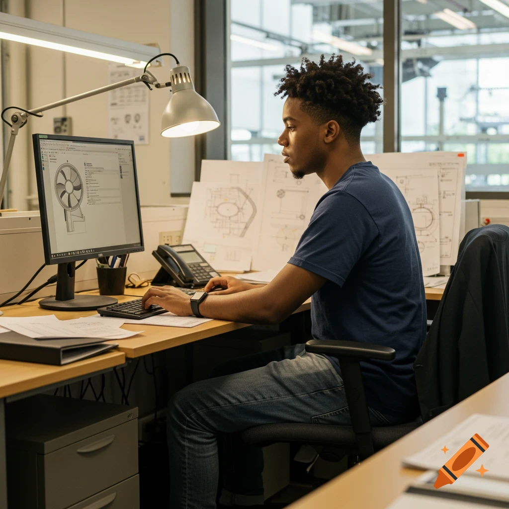 A man works on a computer in an office surrounded by technical drawings.