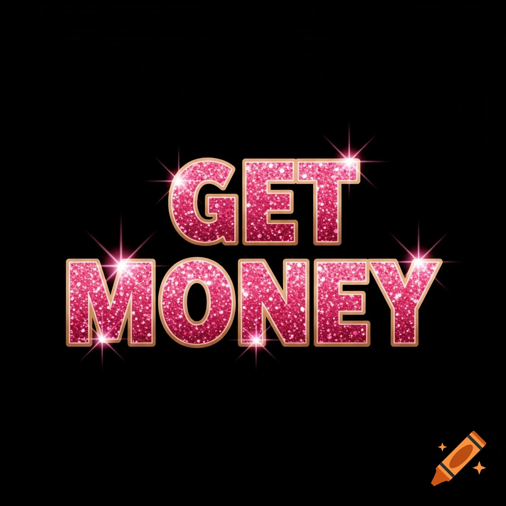 The text GET MONEY in pink glitter with a rose gold outline on a black background.