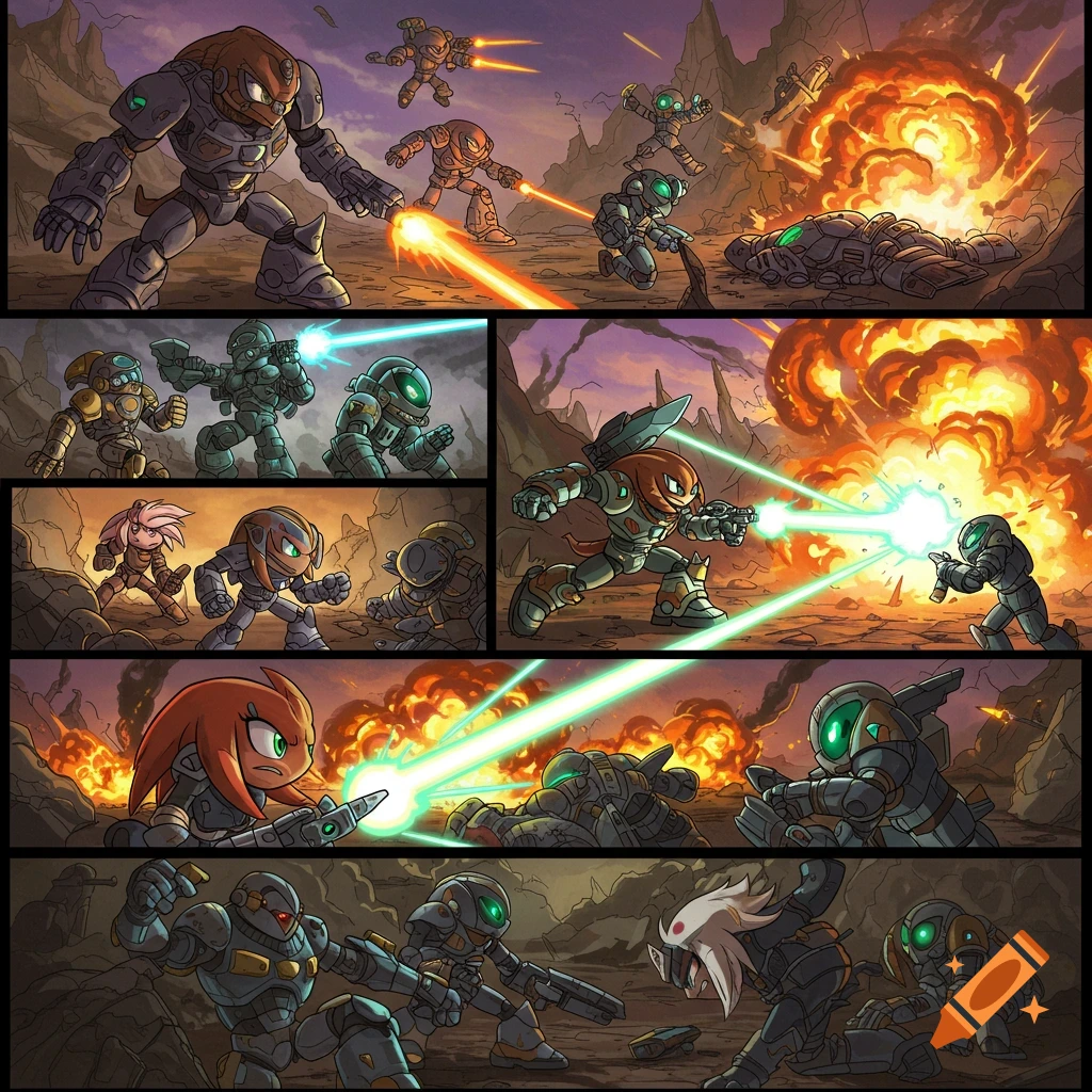 Multi-panel comic illustration of characters and robots fighting with lasers and explosions.