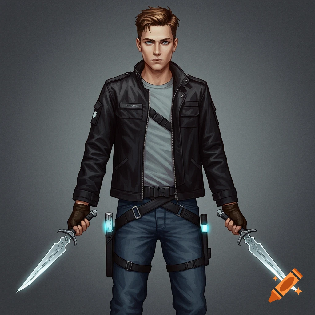 Digital art portrait of a young man in a black jacket holding two glowing daggers.