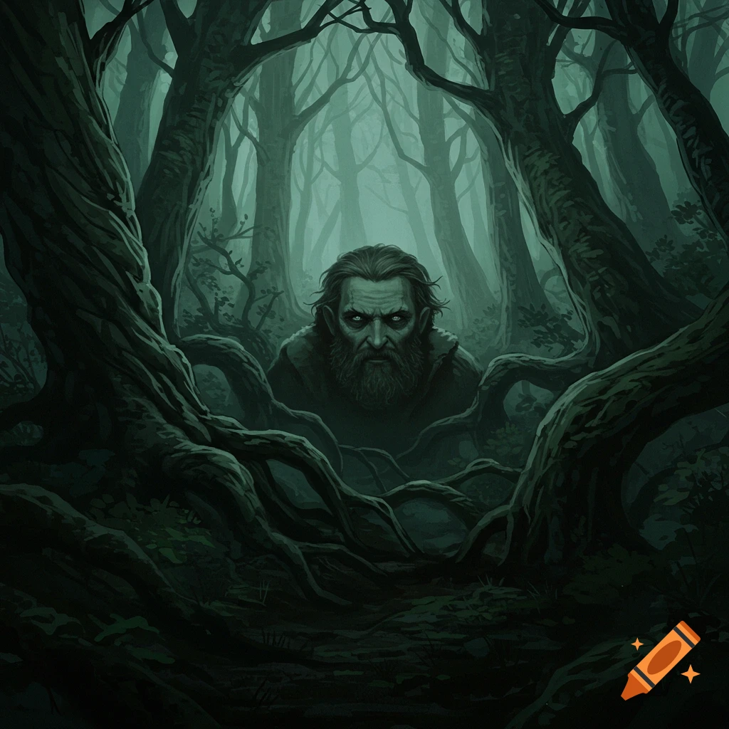 A scary man with intense eyes peers from behind dark trees in a foggy forest.