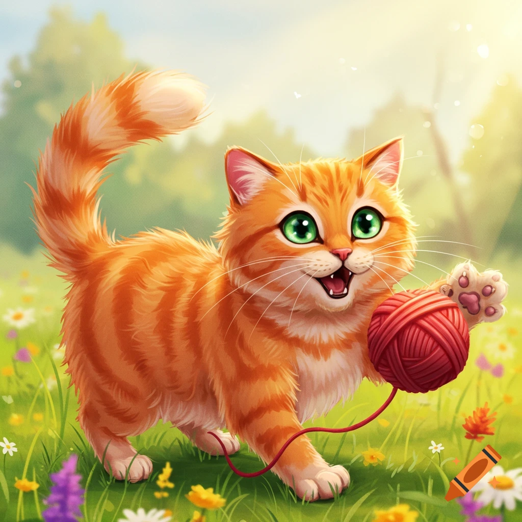 A cute orange tabby cat playing with a red yarn ball in a flower field.