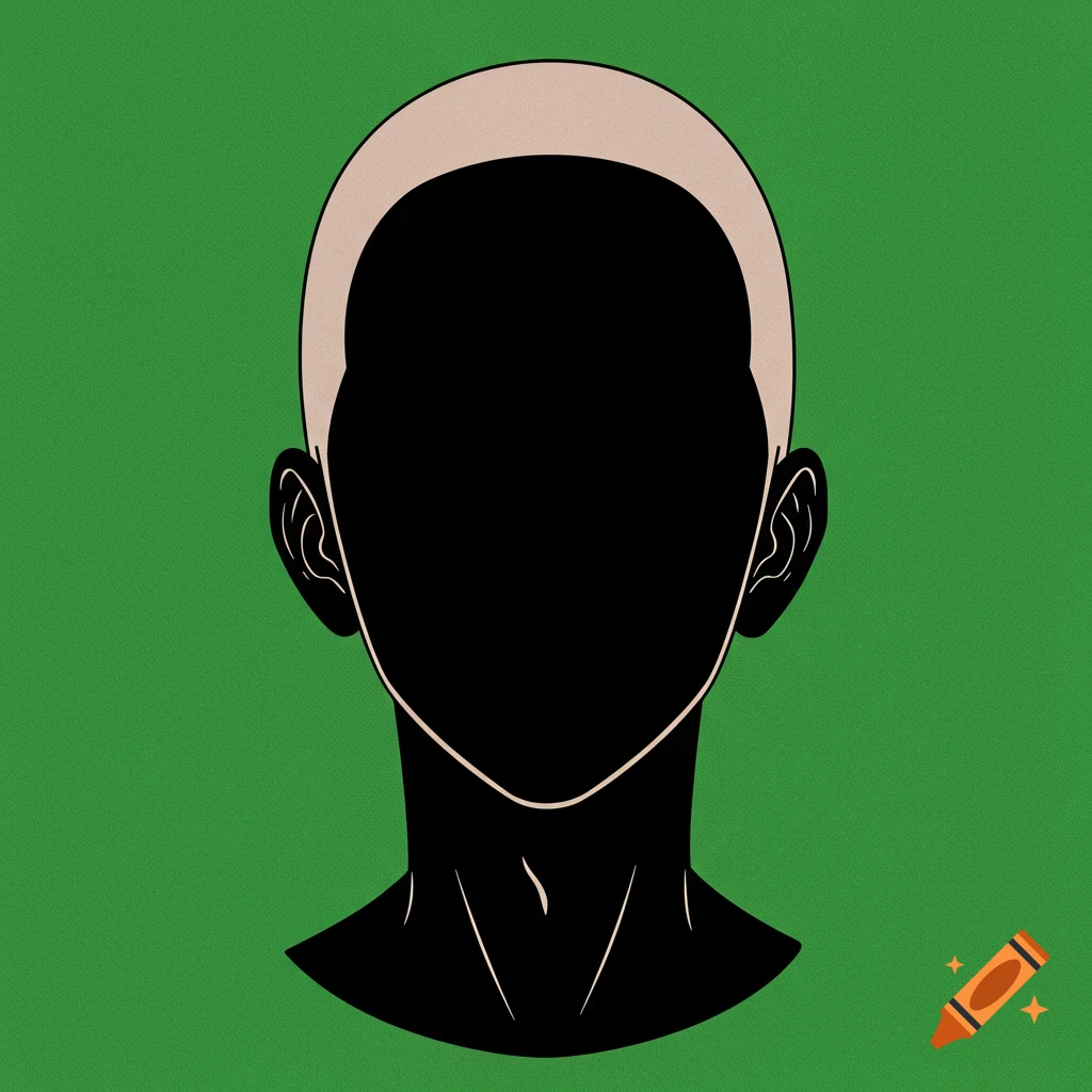 Stylized illustration of a head with a blacked-out face on a green background.