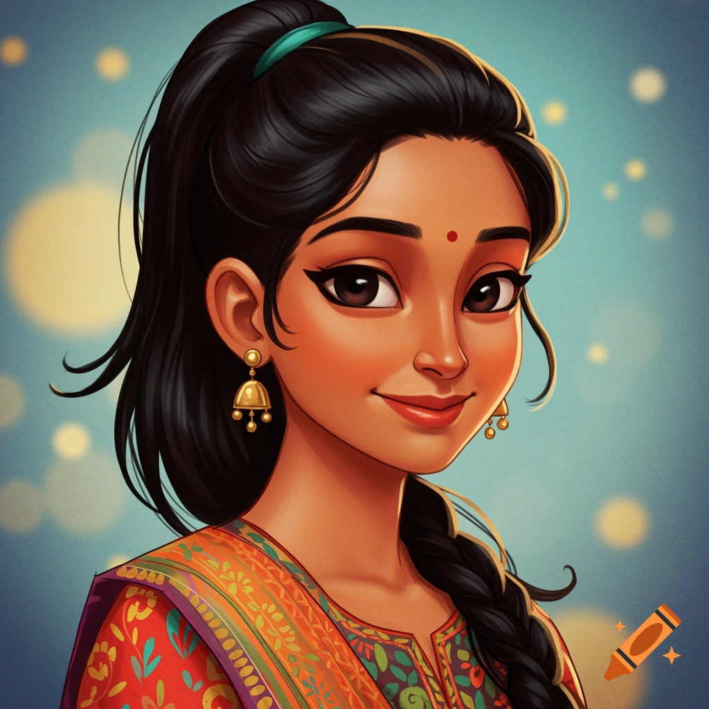 A young Indian girl in traditional attire with a bindi and gold earrings, smiling against a bokeh background.