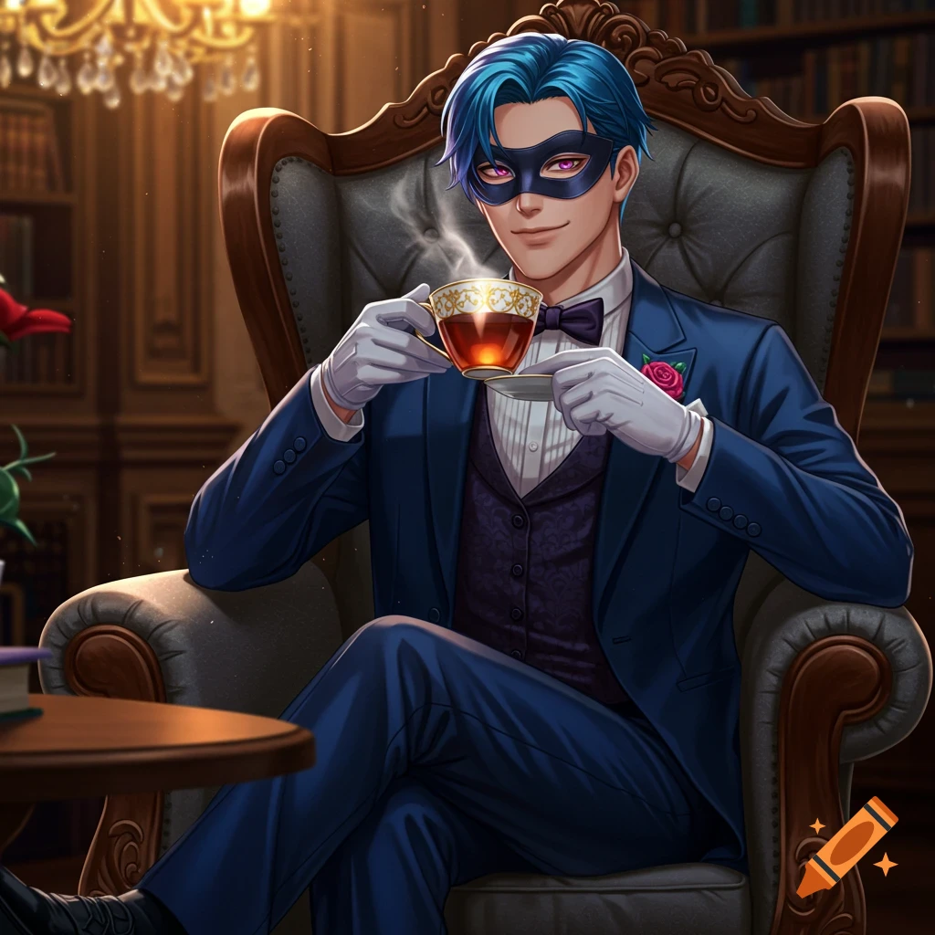 Man in blue tux and mask sipping tea in a study