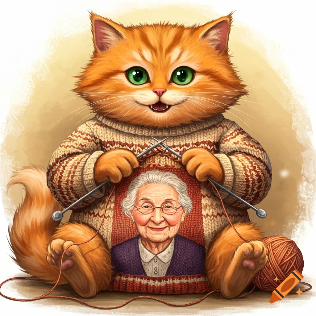 A cartoon orange cat is knitting a sweater featuring an old woman's face.