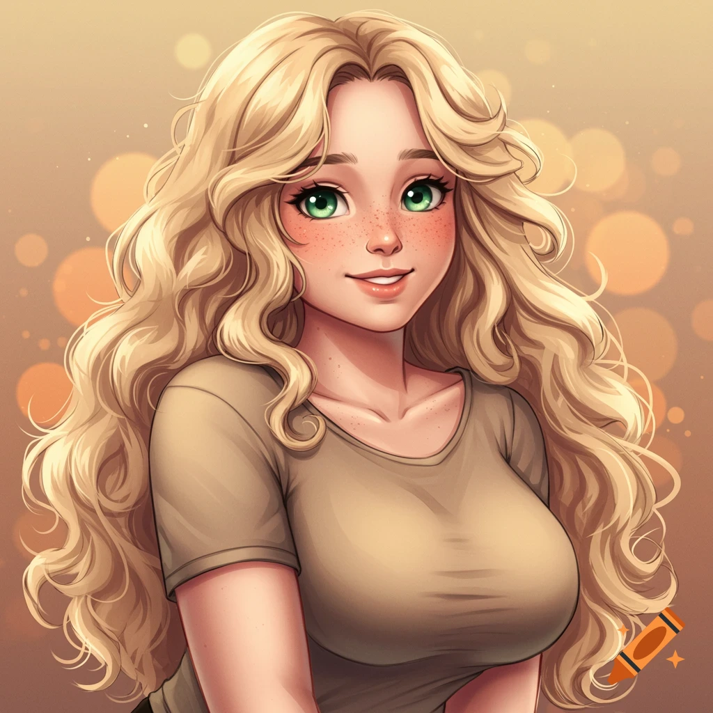 Anime portrait of a woman with long blonde hair, green eyes, and freckles against a bokeh background.