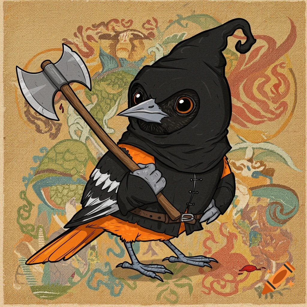 Caricature of an oriole bird dressed as a medieval executioner, holding an axe, against a textured background.