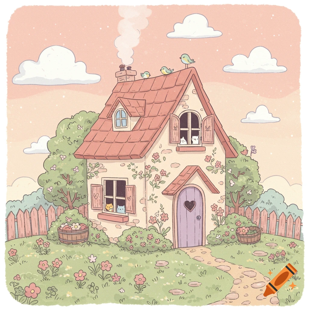 Cute illustration of a cottage with cats in windows, birds on the roof, and a flower garden.
