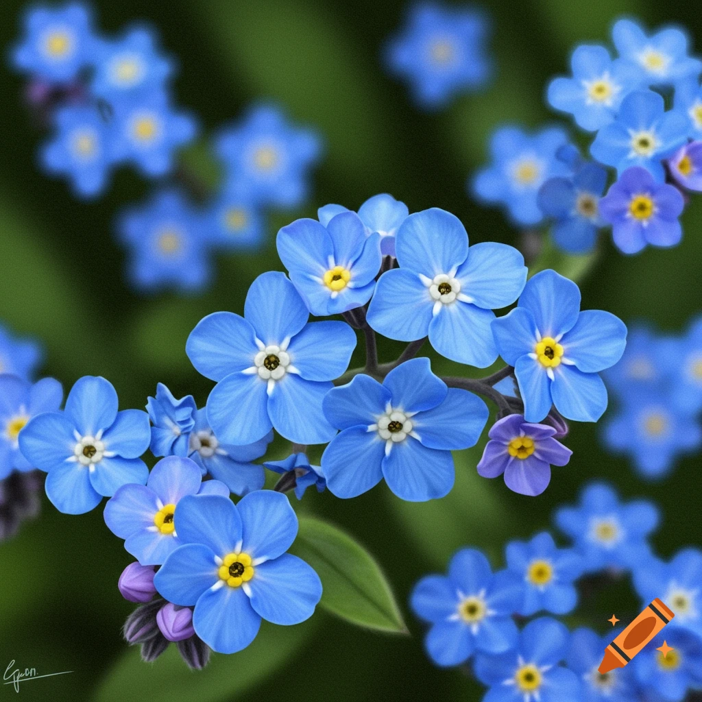 Close-up of vibrant blue forget-me-not flowers with yellow centers against a blurred green background.