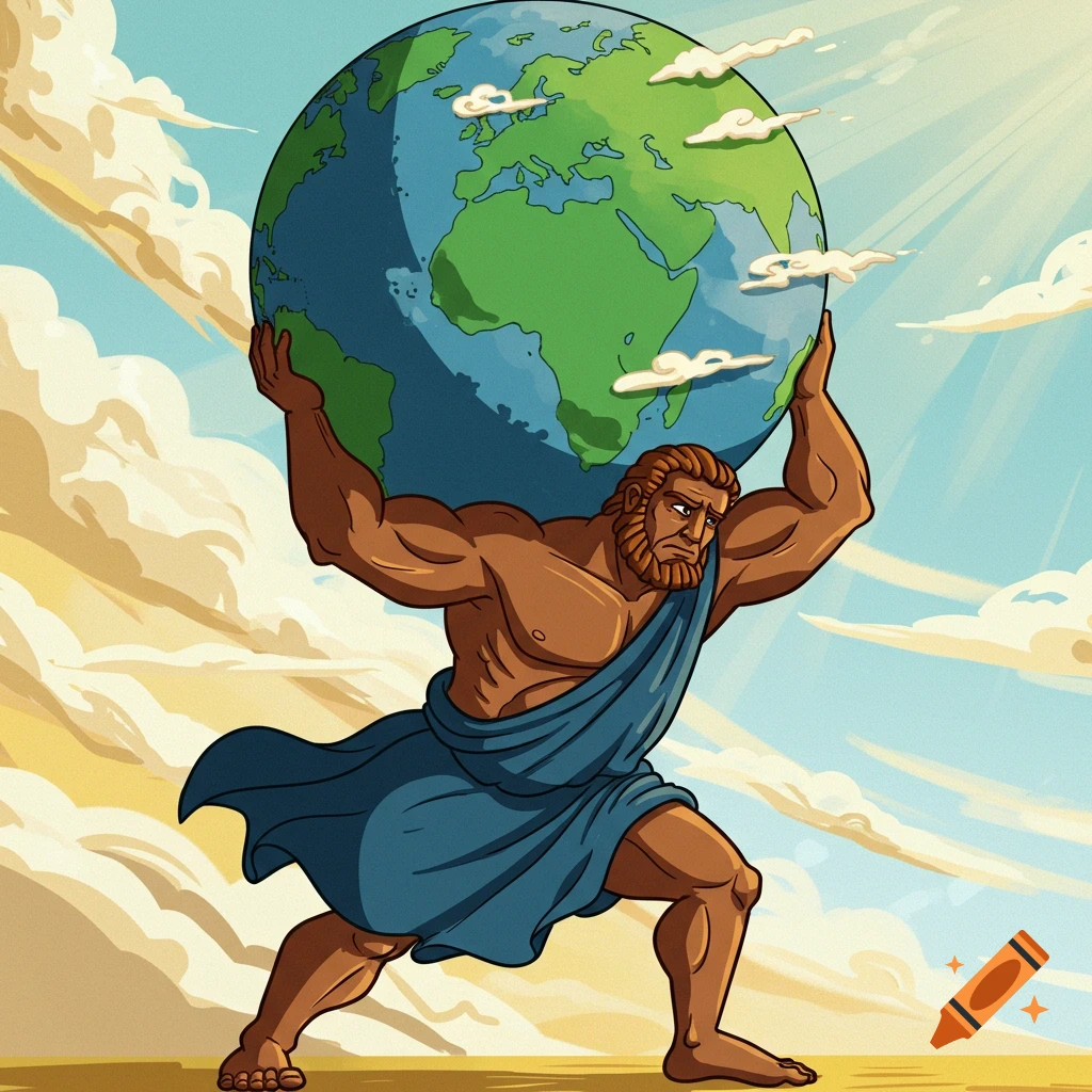 Cartoon illustration of the Greek titan Atlas holding the Earth on his shoulders.