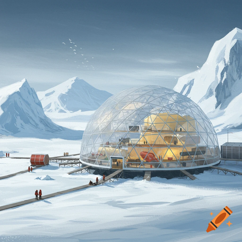 A large geodesic dome research base in a snowy Antarctic landscape with mountains.