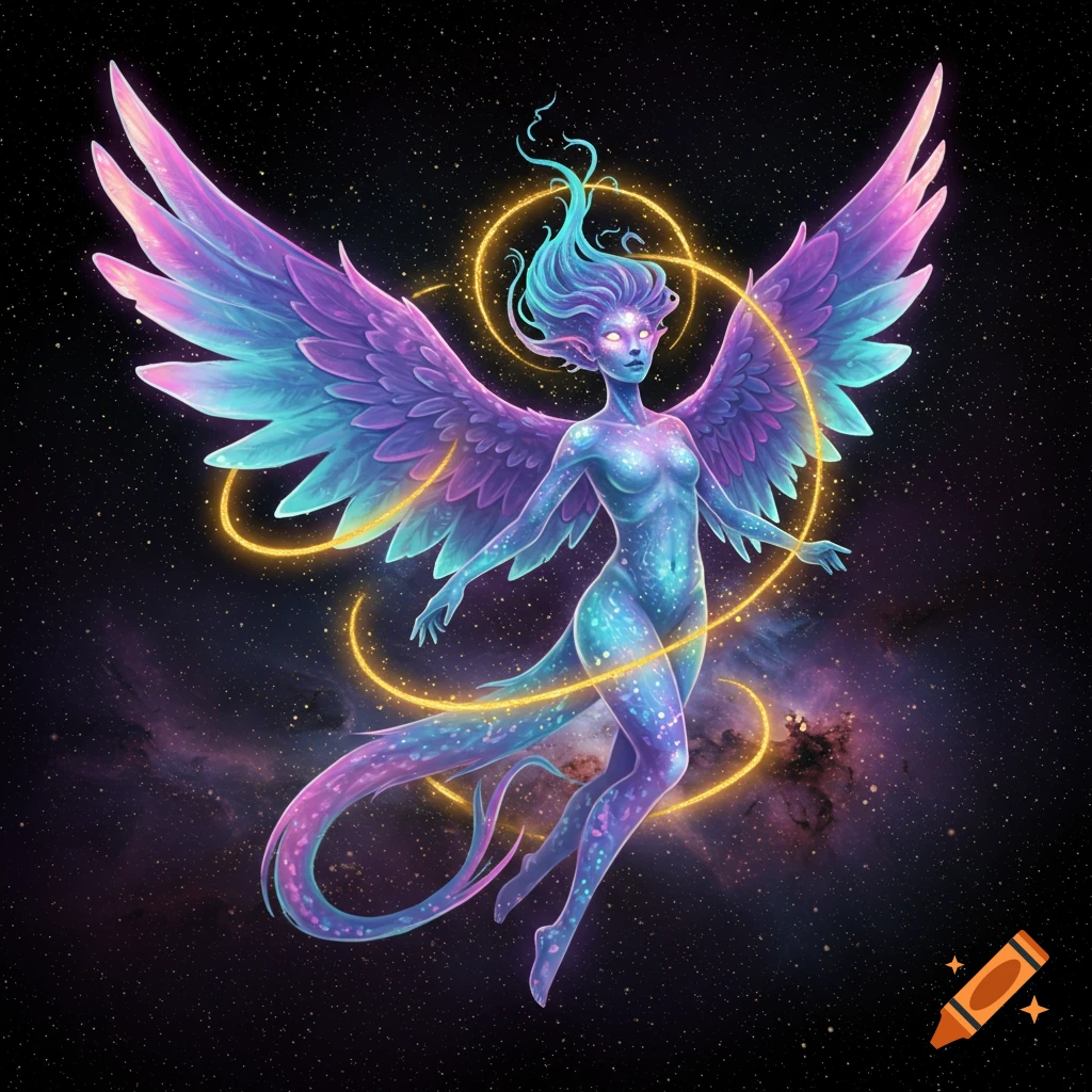 A winged figure with iridescent purple and blue skin covered in stars and a tail, floating in space surrounded by gold rings.
