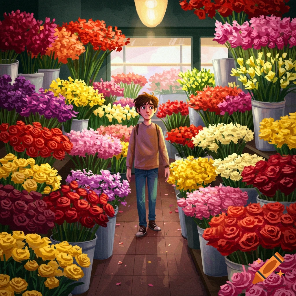 A young person looking confused in a flower shop filled with colorful flowers.
