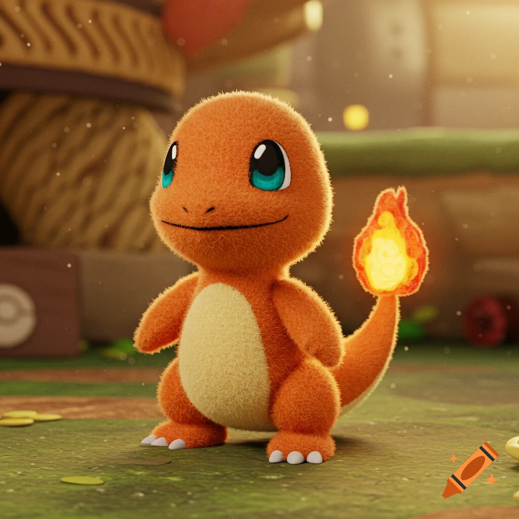 A cute, fluffy Charmander character stands on grass in a stylized Little Big Planet look.