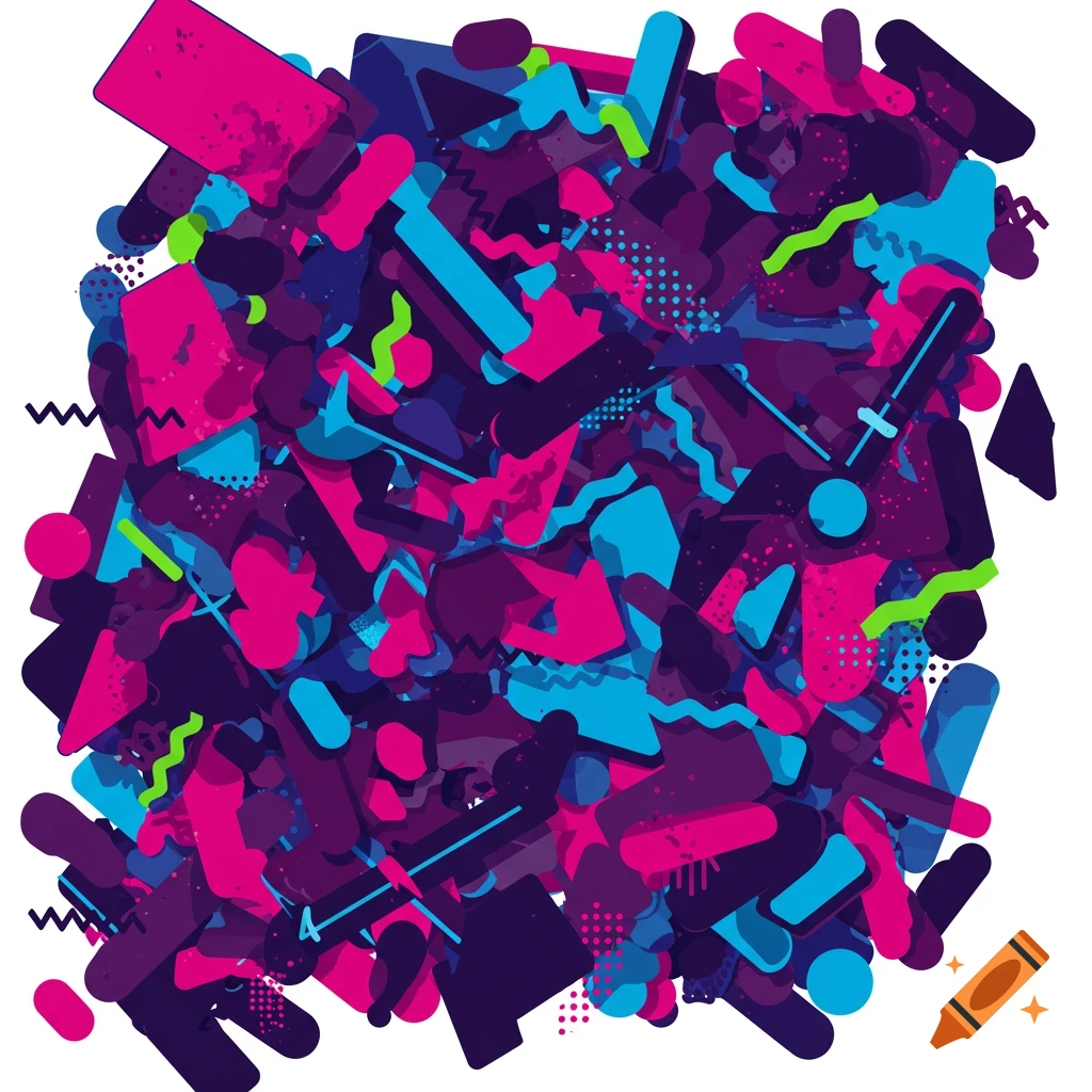 Abstract vector graphic with random shapes in purple, pink, blue, and green.