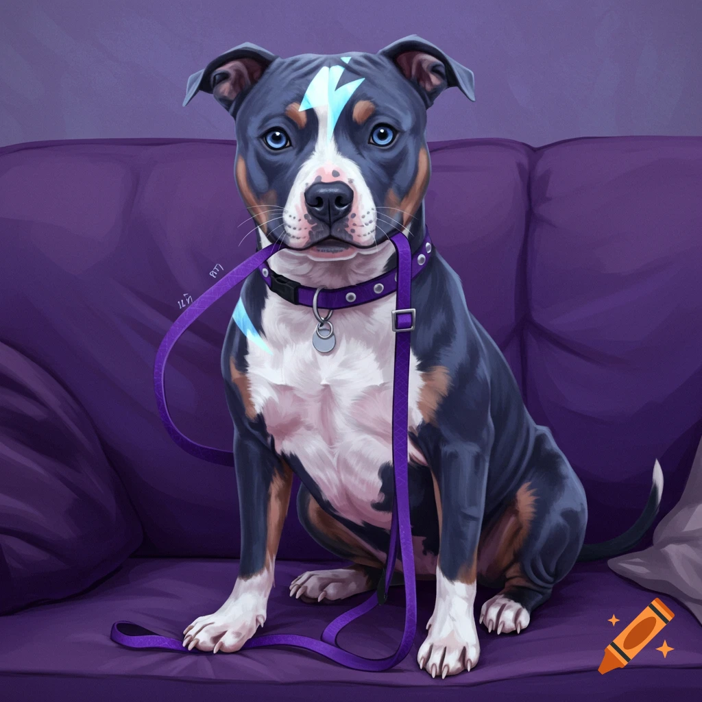 A pitbull dog sits on a purple couch with a purple leash in its mouth.