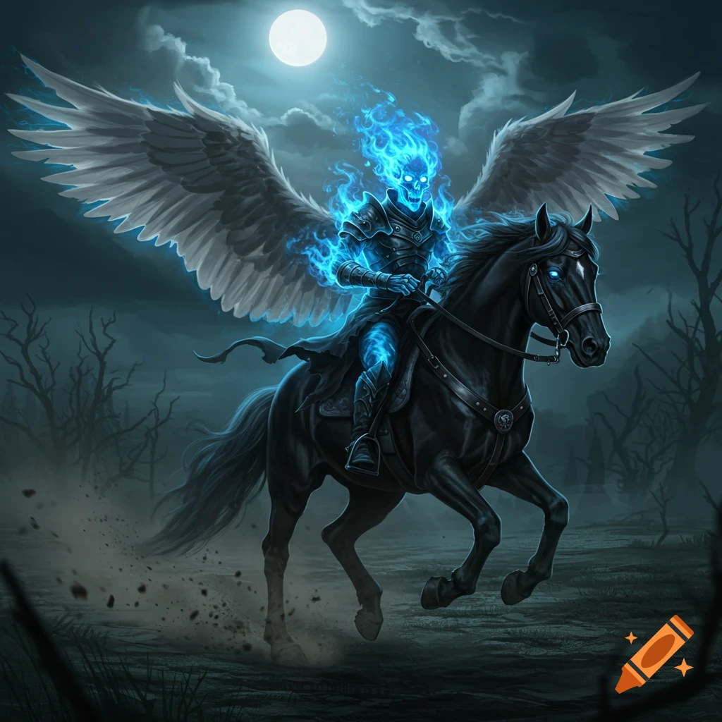 A blue flame skeleton with wings rides a black horse under a full moon.