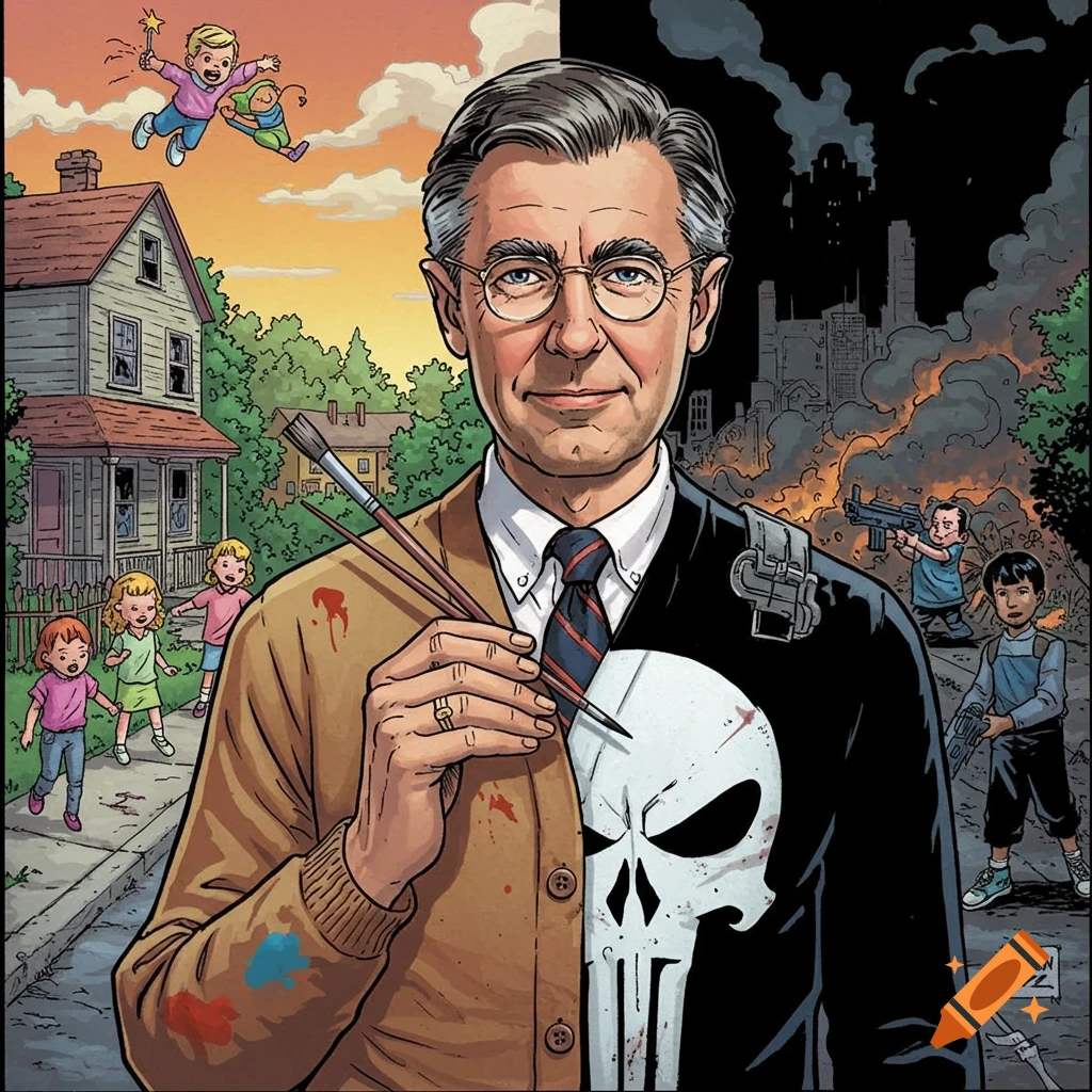 Split portrait of Mr. Rogers with children on the left and the Punisher with children in a burning city on the right.