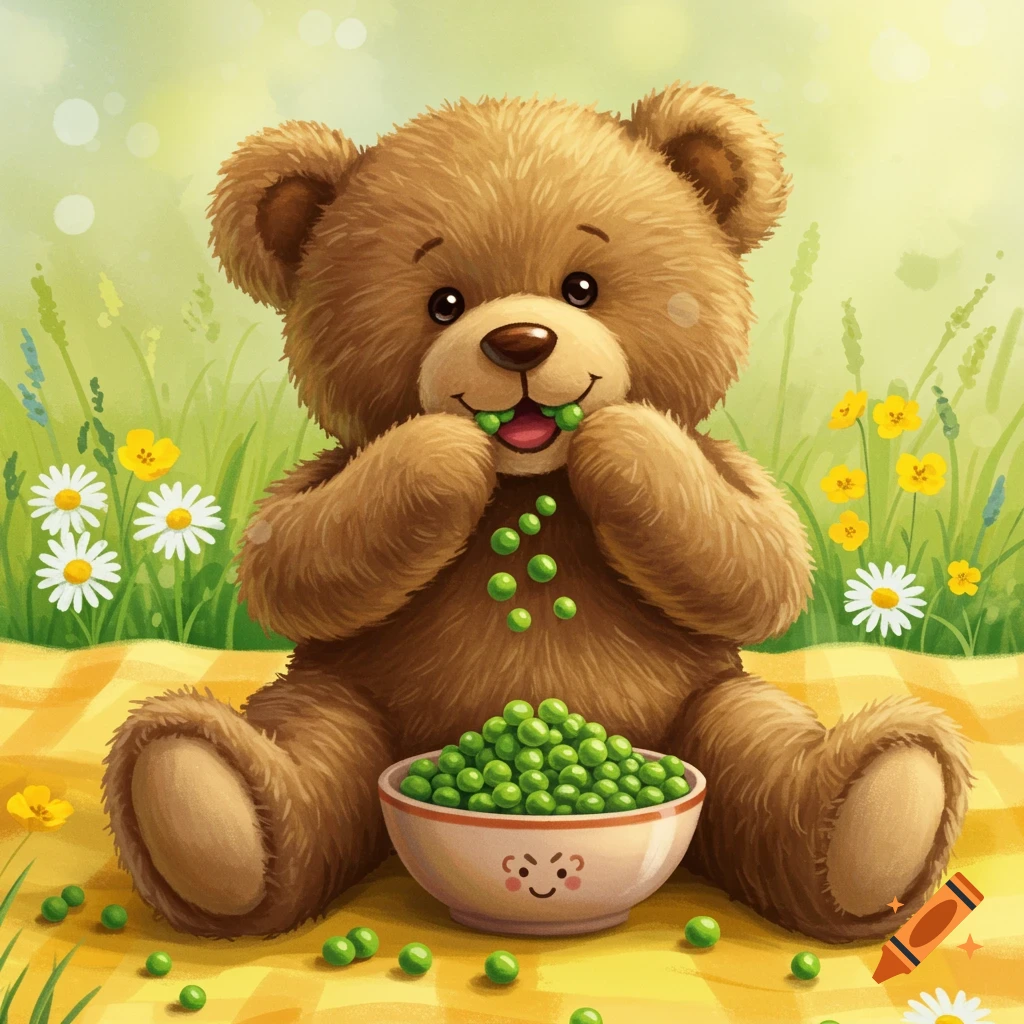 Whimsical illustration of a teddy bear eating peas on a picnic blanket in a meadow.