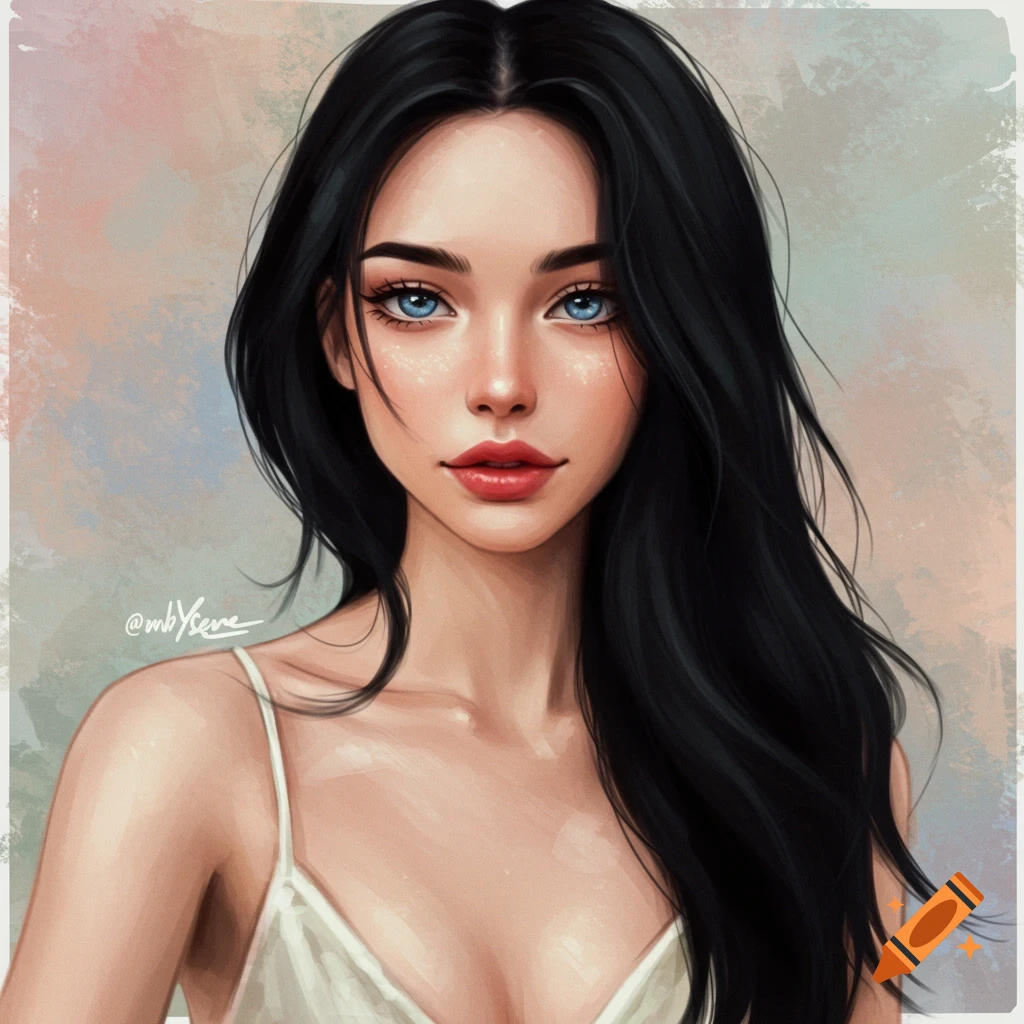 A woman with dark hair and blue eyes.