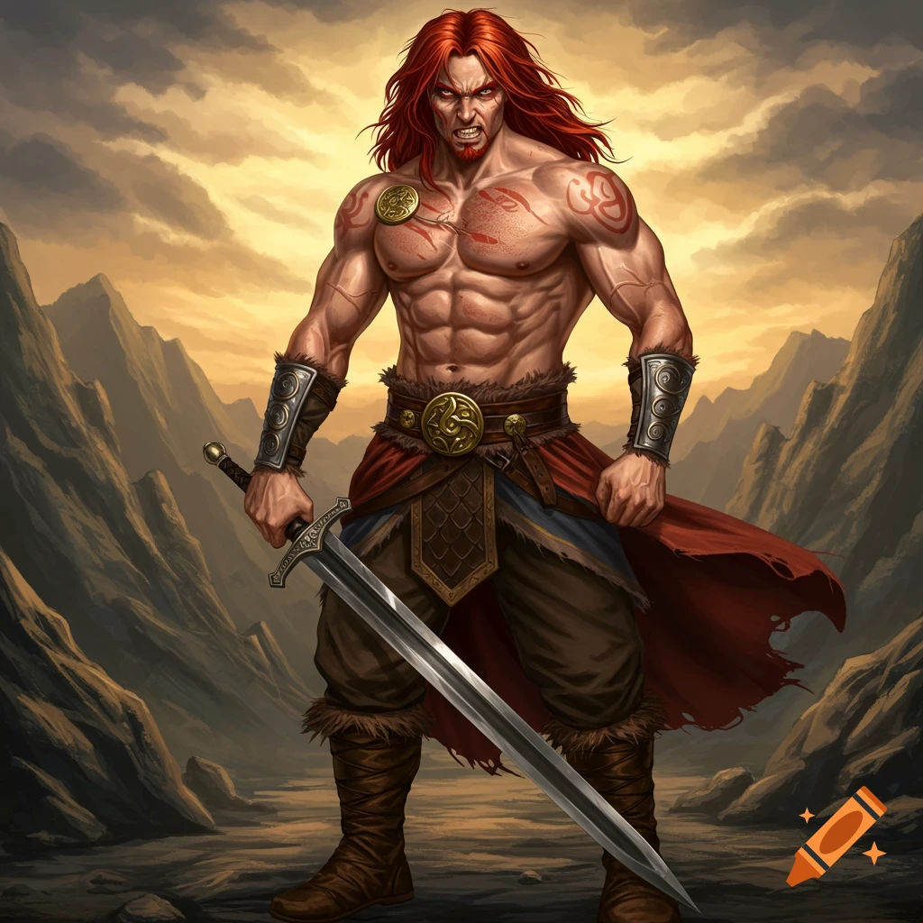 Muscular warrior with red hair holding a sword in a mountain landscape, digital art.