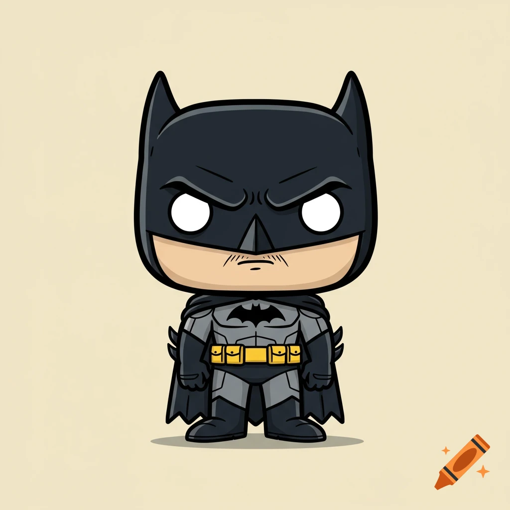 A cartoon illustration of a Funko Pop figure of Batman.