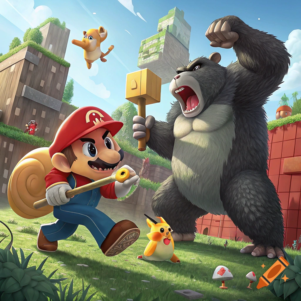 Cartoon characters resembling Mario and Donkey Kong fighting in a Minecraft world with a hamster and a Pokemon.
