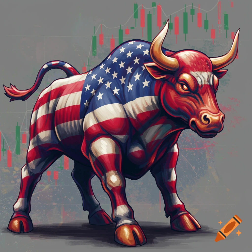 Stylized bull with American flag pattern in front of a stock market chart
