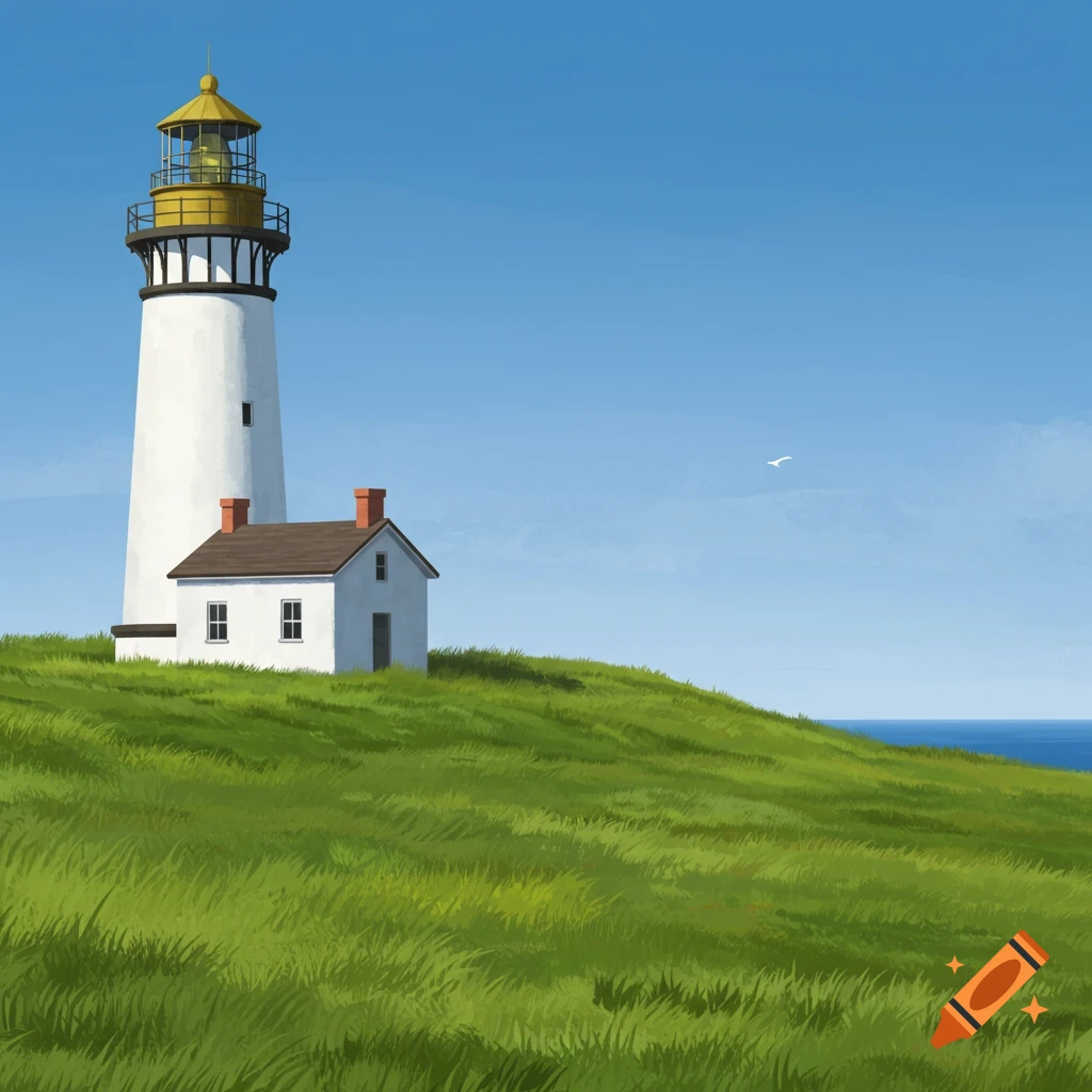 A white lighthouse and house on a grassy hill overlooking the ocean