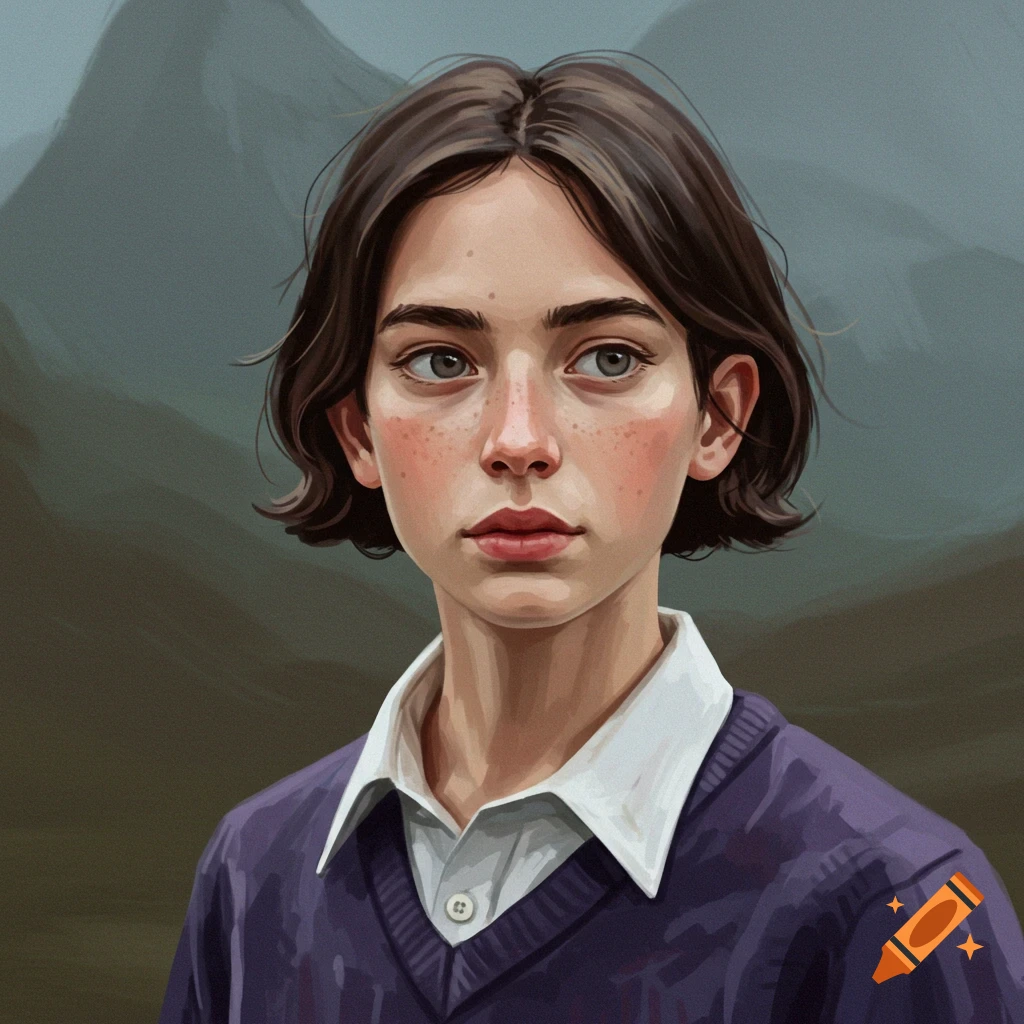 A portrait of a young woman with short brown hair and freckles