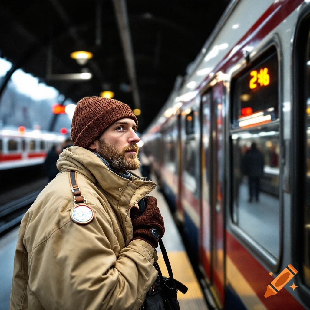 Man in hat and coat waits for train at station.