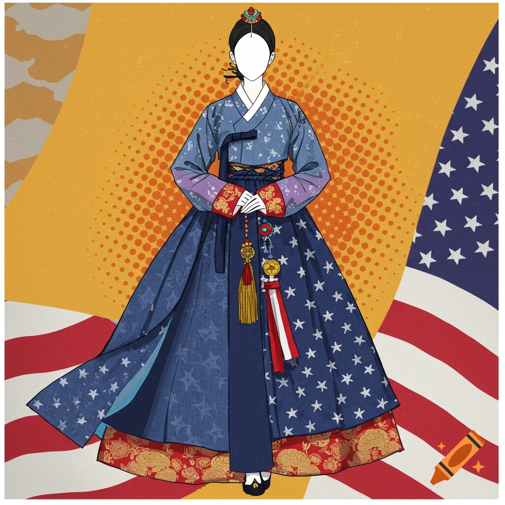 Digital illustration of a faceless figure wearing a stylized Korean Hanbok combining Korean and American flag designs, against a pop art background with flags.