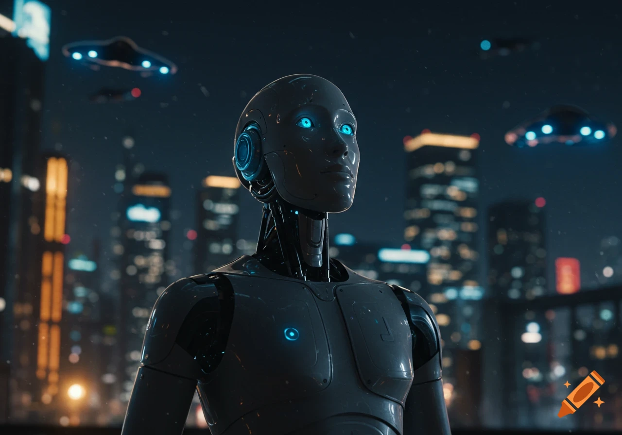 Photorealistic image of a robot looking up at UFOs over a futuristic city skyline at night.