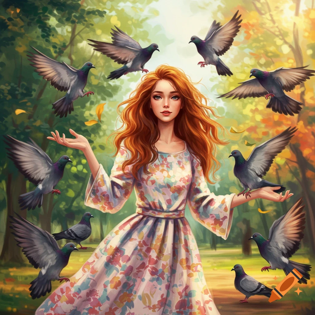 Woman with red hair surrounded by pigeons in a park