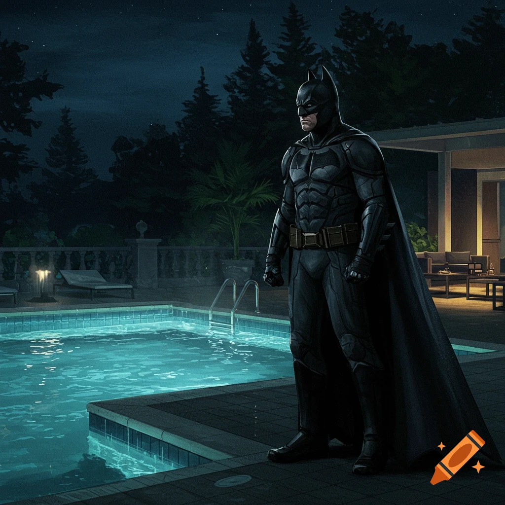 Batman standing by a swimming pool at night.