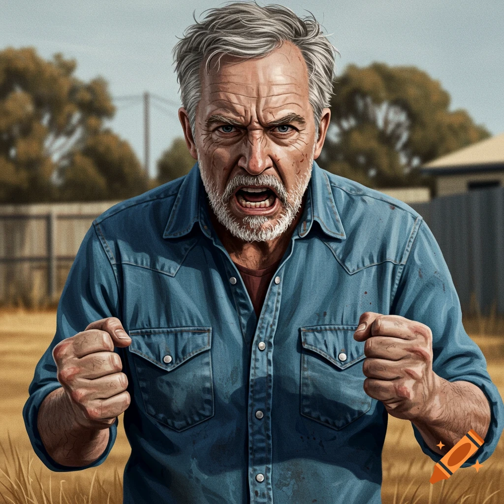 An angry middle-aged man with gray hair and beard is clenching his fists and shouting.