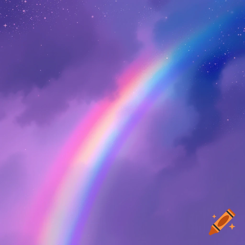 A vibrant rainbow in a purple starry sky with clouds.