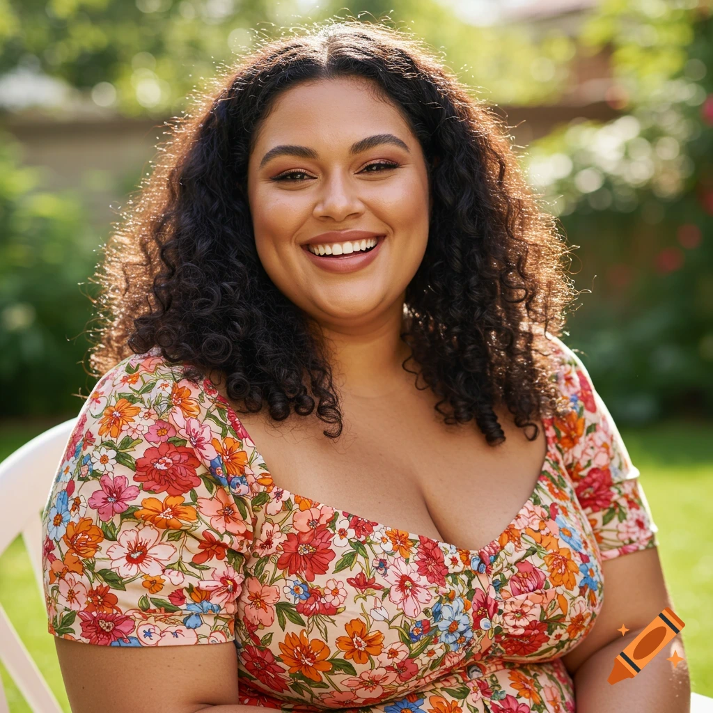 A smiling woman with curly hair sits in a sunny garden, wearing a floral dress.