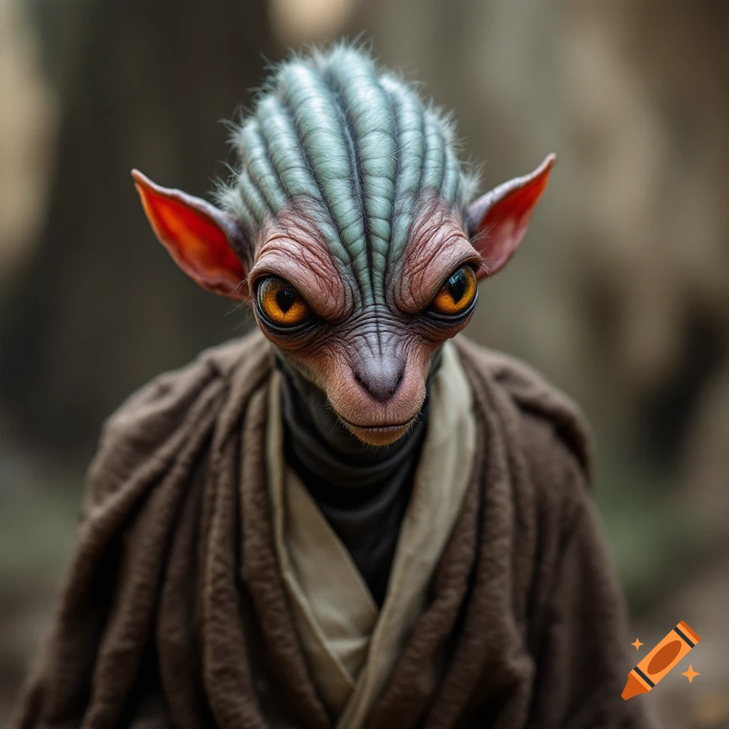 Close-up photorealistic portrait of an alien creature with large orange eyes, wrinkled skin, and a brown robe.