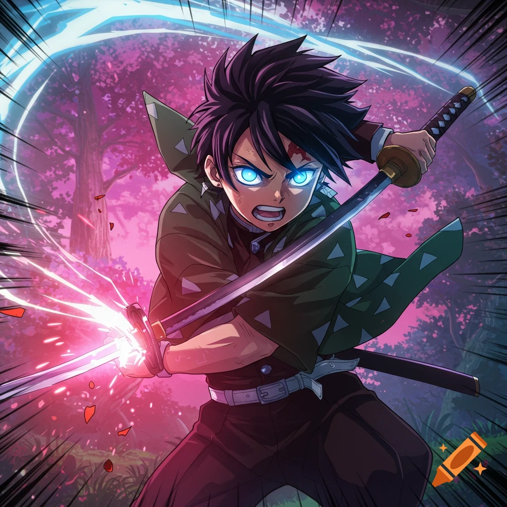 Anime male character with glowing eyes swings a sword with power effects in a forest.