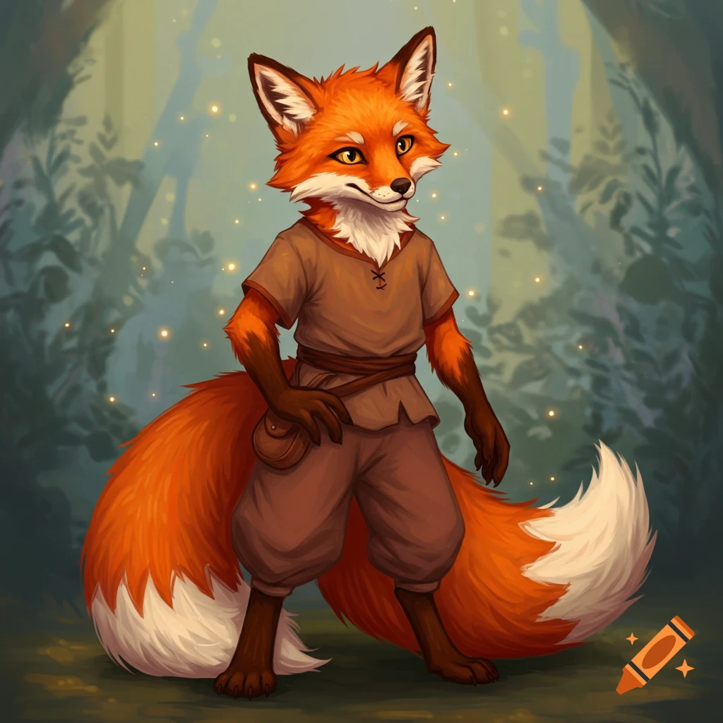 An anthropomorphic fox character in simple clothes standing in a forest.
