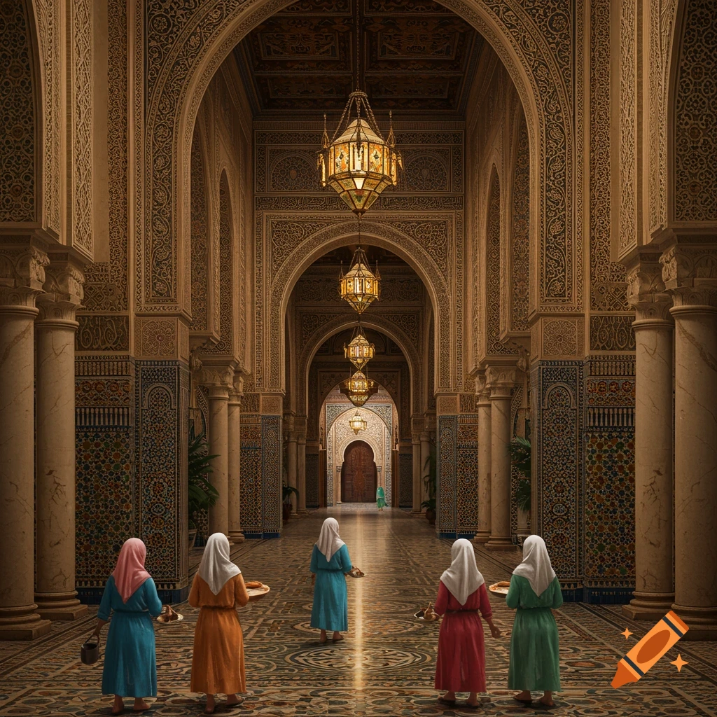 Women in traditional dress stand in an ornate Moroccan hallway with arches and lanterns.