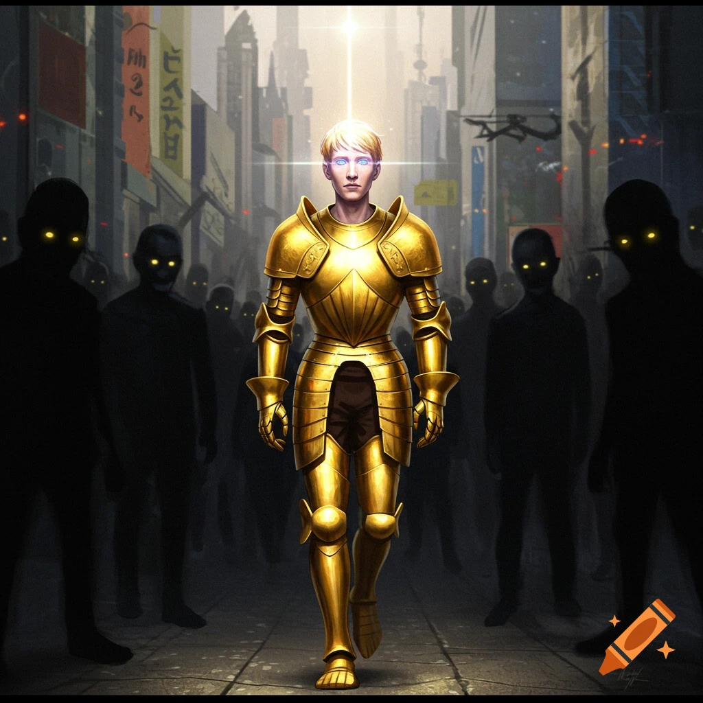 A person in golden armor walks through a city street surrounded by shadowy figures with glowing eyes
