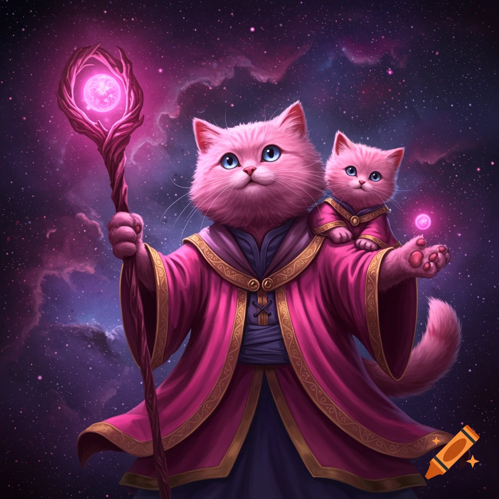 A pink wizard cat in robes holds a glowing staff, with a pink kitten on its shoulder, against a nebula-filled space background.